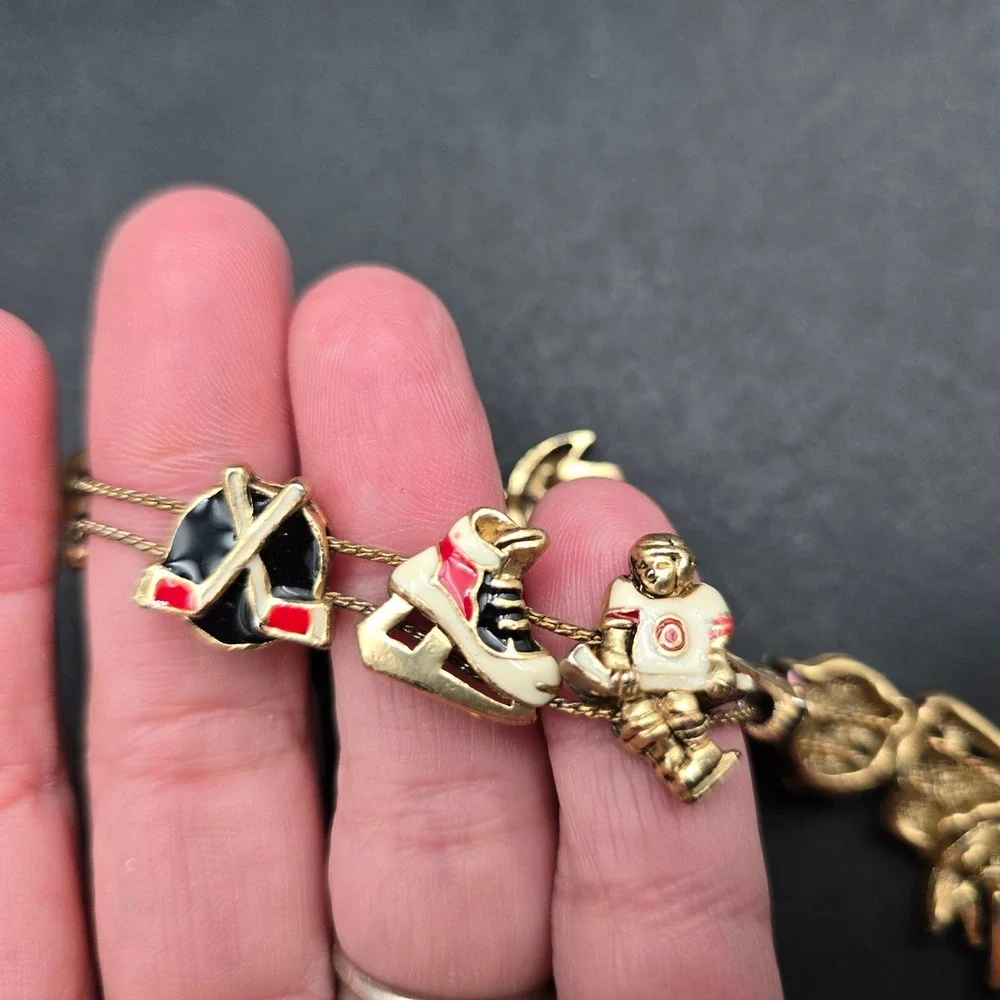 Vintage Gold Tone Ice Hockey Charm Bracelet Enamel Skates Player Net 7.25 Inch